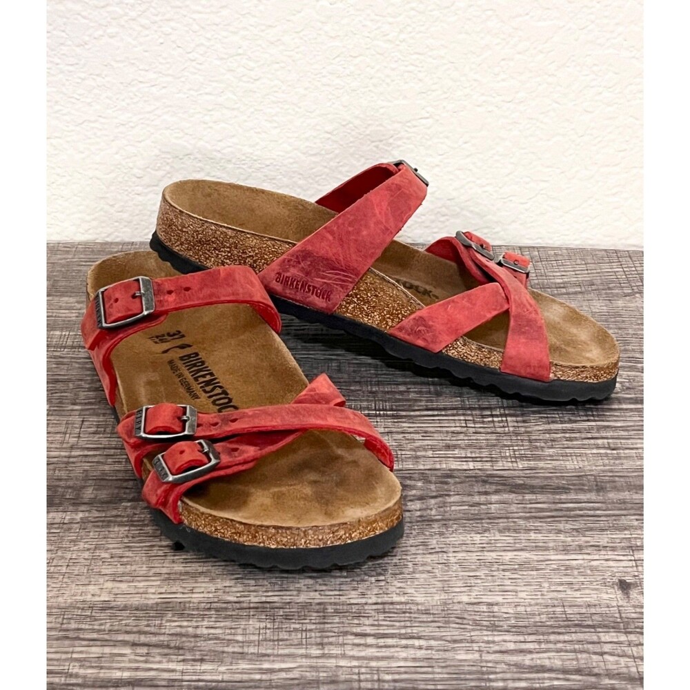 BIRKENSTOCK Franca Fire Red Oiled Leather Strappy Slide Sandals Narrow Sz 37 (6)